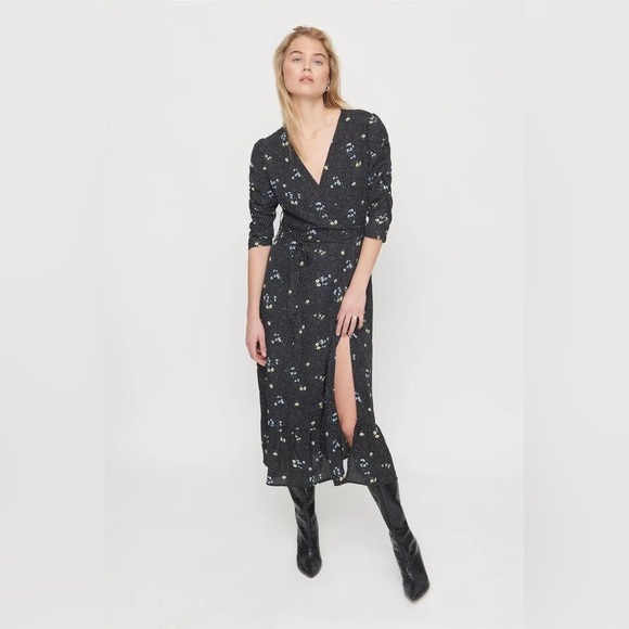 BLACK FLORAL MAXI WRAP DRESS SIZE XS - Picture 2 of 6